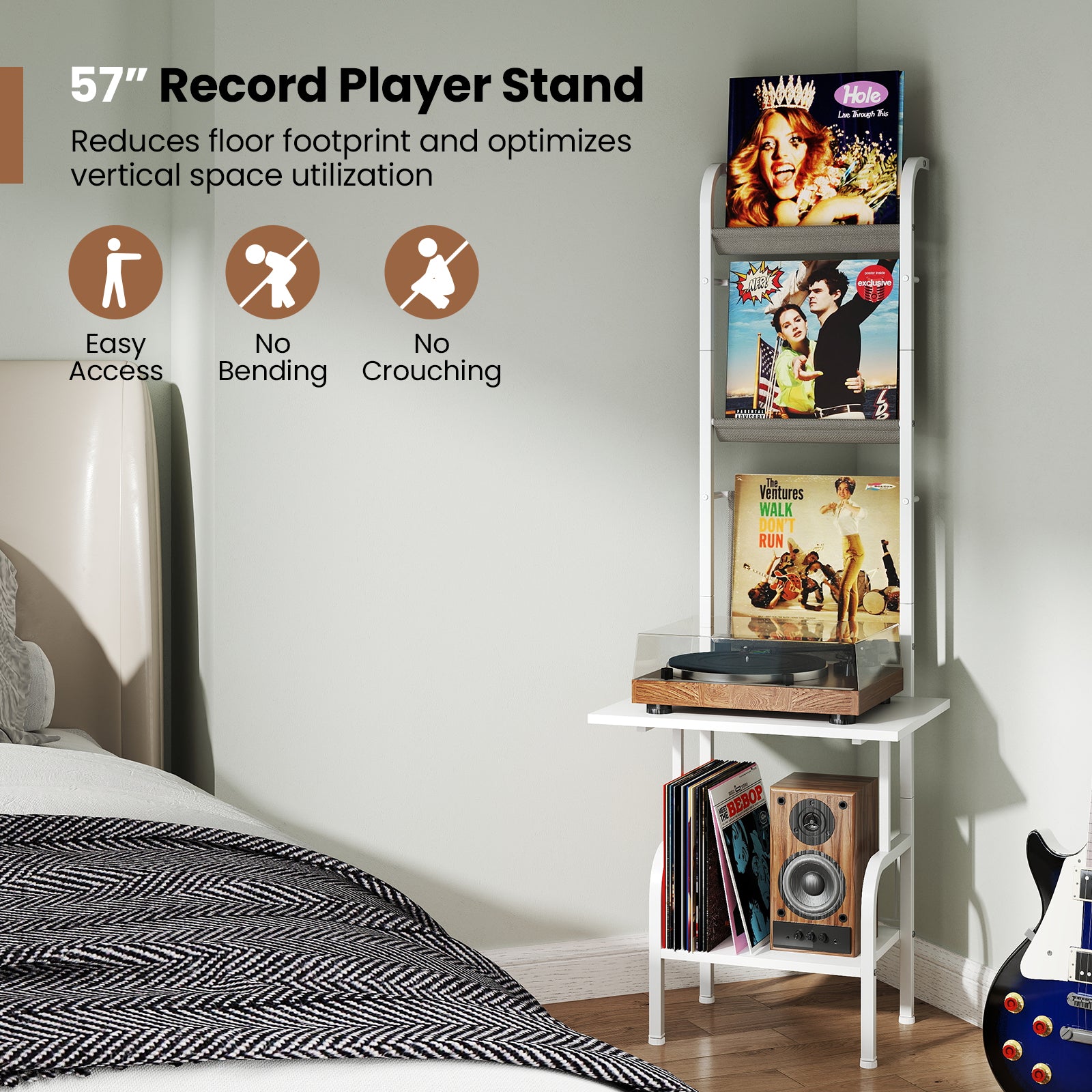 5-Tier Record Player Stand with Vinyl Display Shelf and Record Holder-White