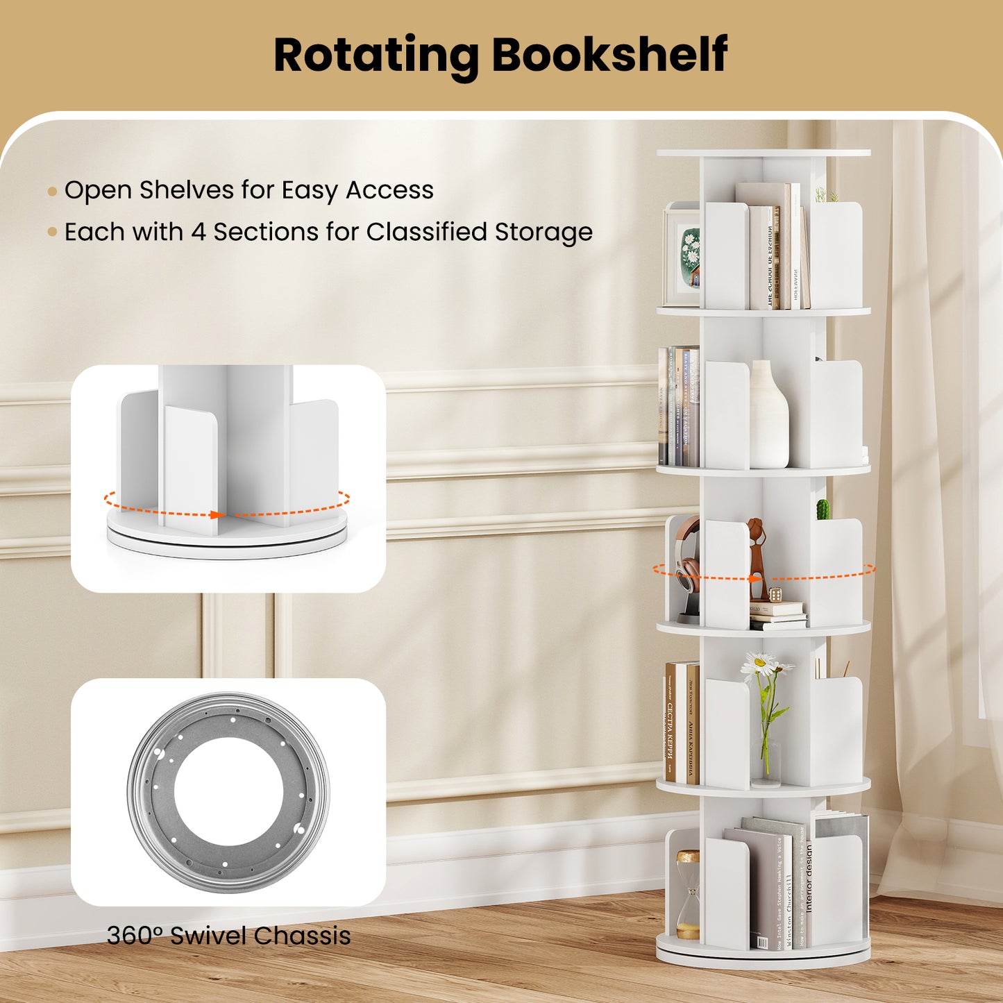 5-Tier Rotating Bookshelf 360¬∞ Display Rack with Dividers and Anti-falling Baffles-White