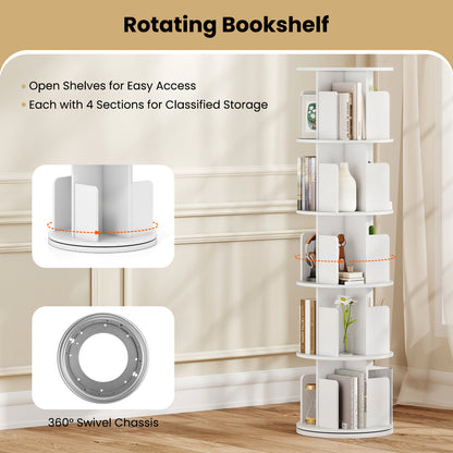 5-Tier Rotating Bookshelf 360¬∞ Display Rack with Dividers and Anti-falling Baffles-White