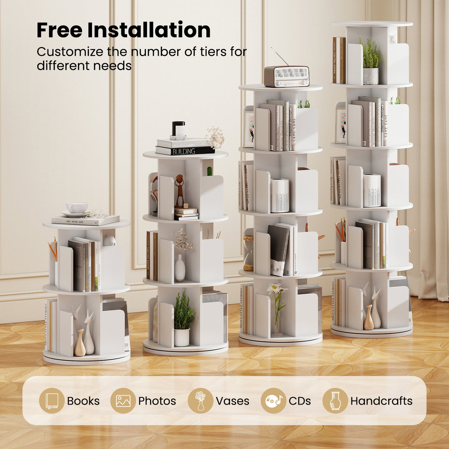 5-Tier Rotating Bookshelf 360¬∞ Display Rack with Dividers and Anti-falling Baffles-White