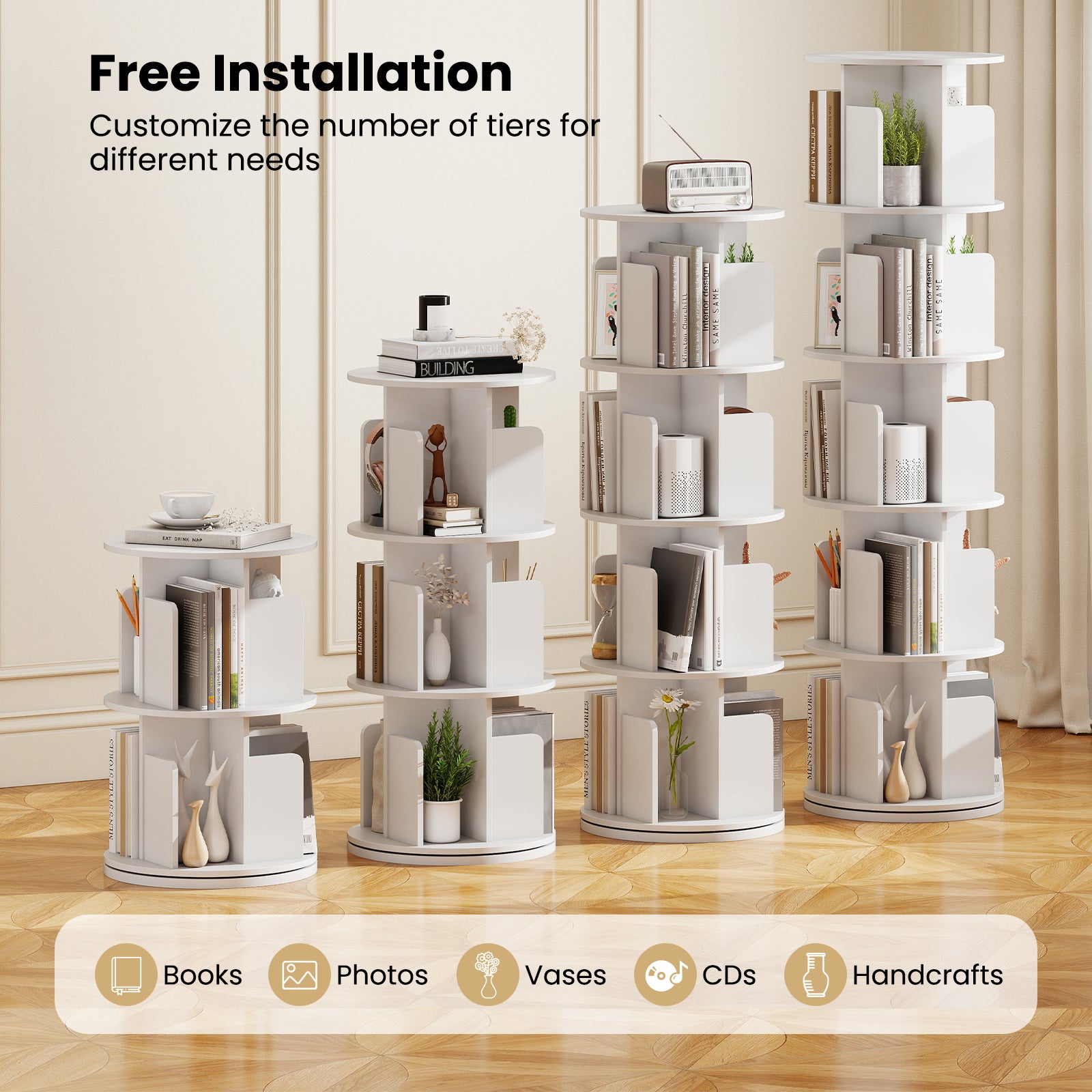 5-Tier Rotating Bookshelf 360¬∞ Display Rack with Dividers and Anti-falling Baffles-White