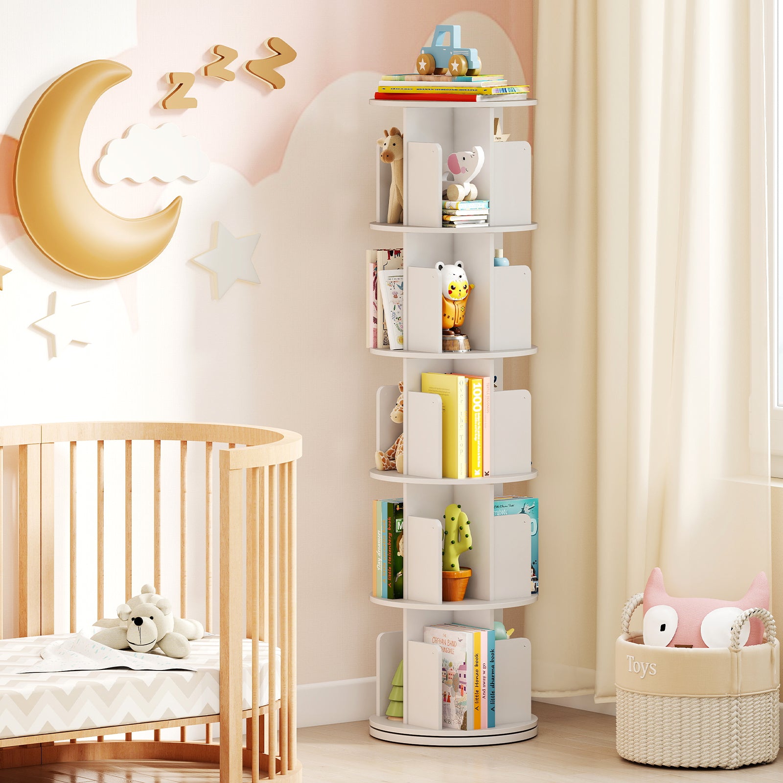 5-Tier Rotating Bookshelf 360¬∞ Display Rack with Dividers and Anti-falling Baffles-White