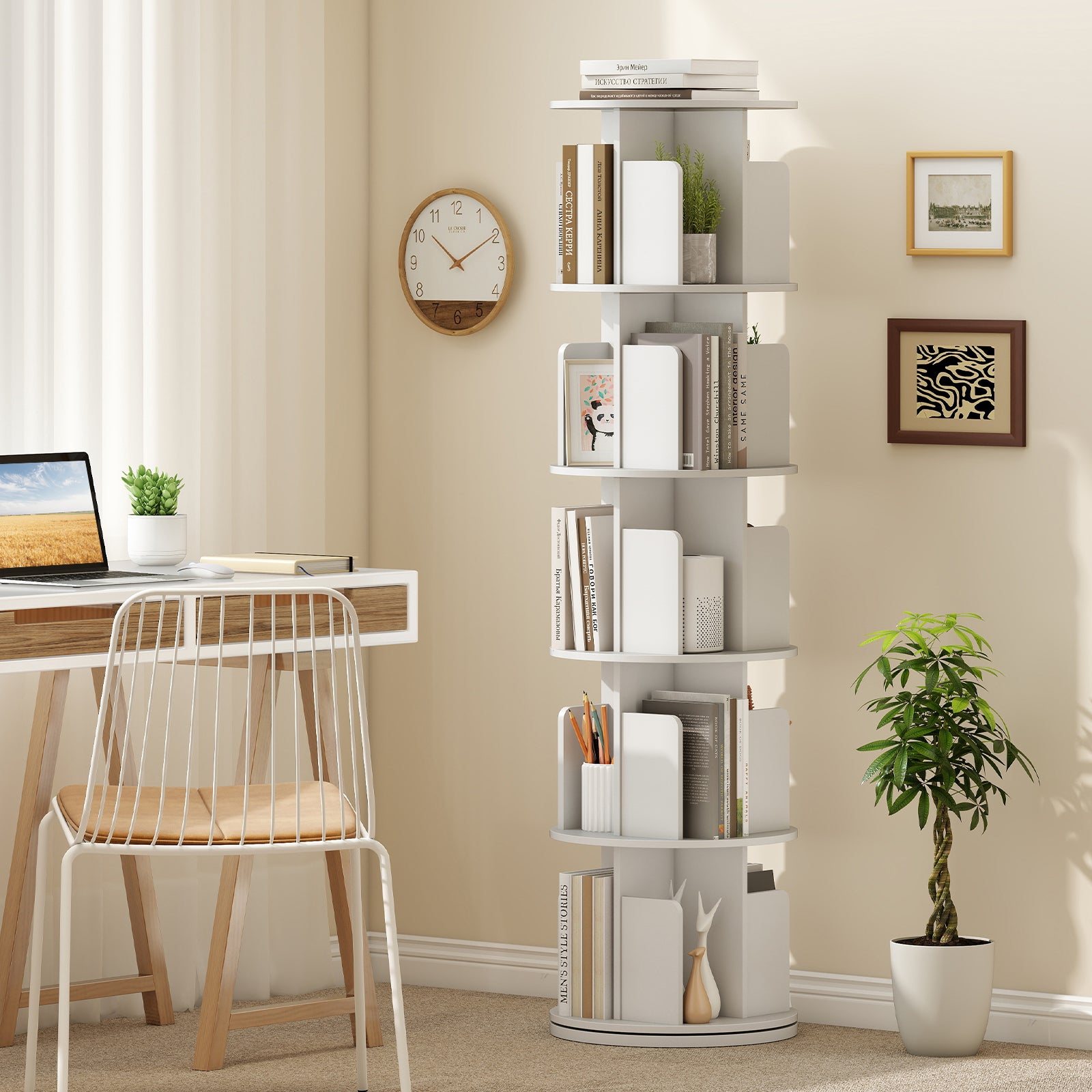 5-Tier Rotating Bookshelf 360¬∞ Display Rack with Dividers and Anti-falling Baffles-White