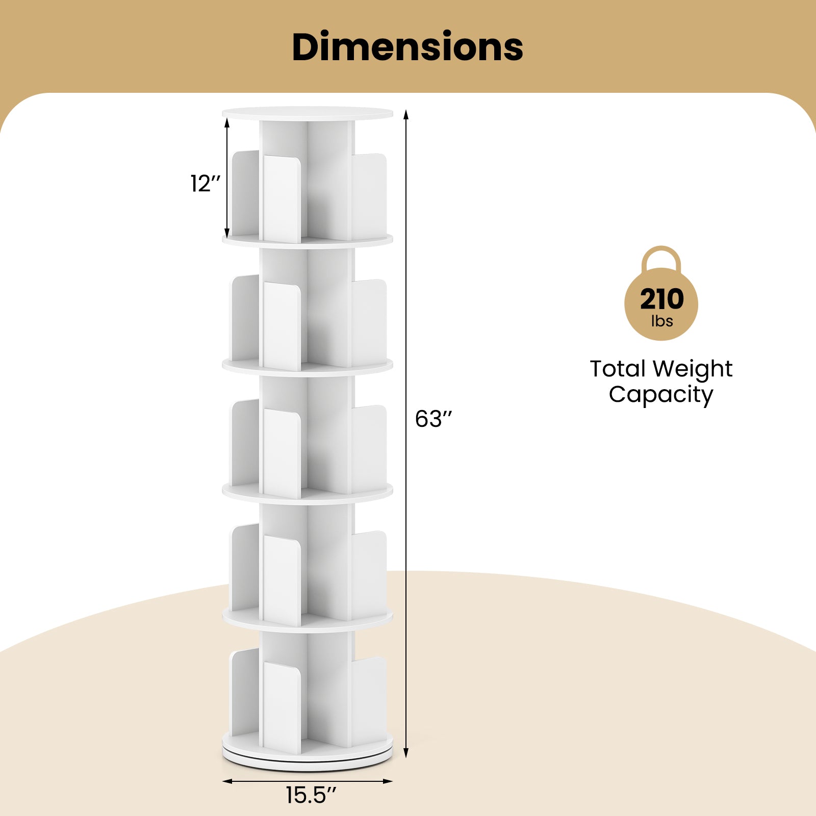5-Tier Rotating Bookshelf 360¬∞ Display Rack with Dividers and Anti-falling Baffles-White