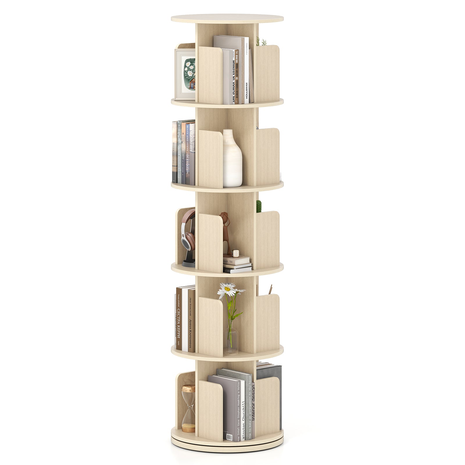 5-Tier Rotating Bookshelf 360¬∞ Display Rack with Dividers and Anti-falling Baffles-Natural