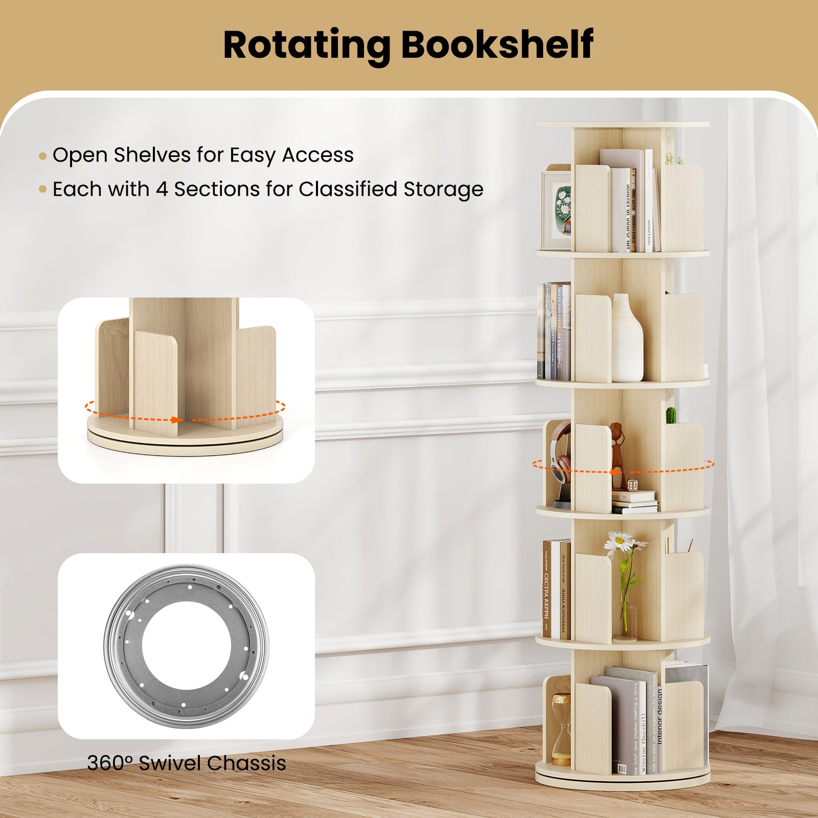 5-Tier Rotating Bookshelf 360¬∞ Display Rack with Dividers and Anti-falling Baffles-Natural