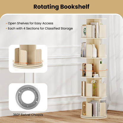 5-Tier Rotating Bookshelf 360¬∞ Display Rack with Dividers and Anti-falling Baffles-Natural