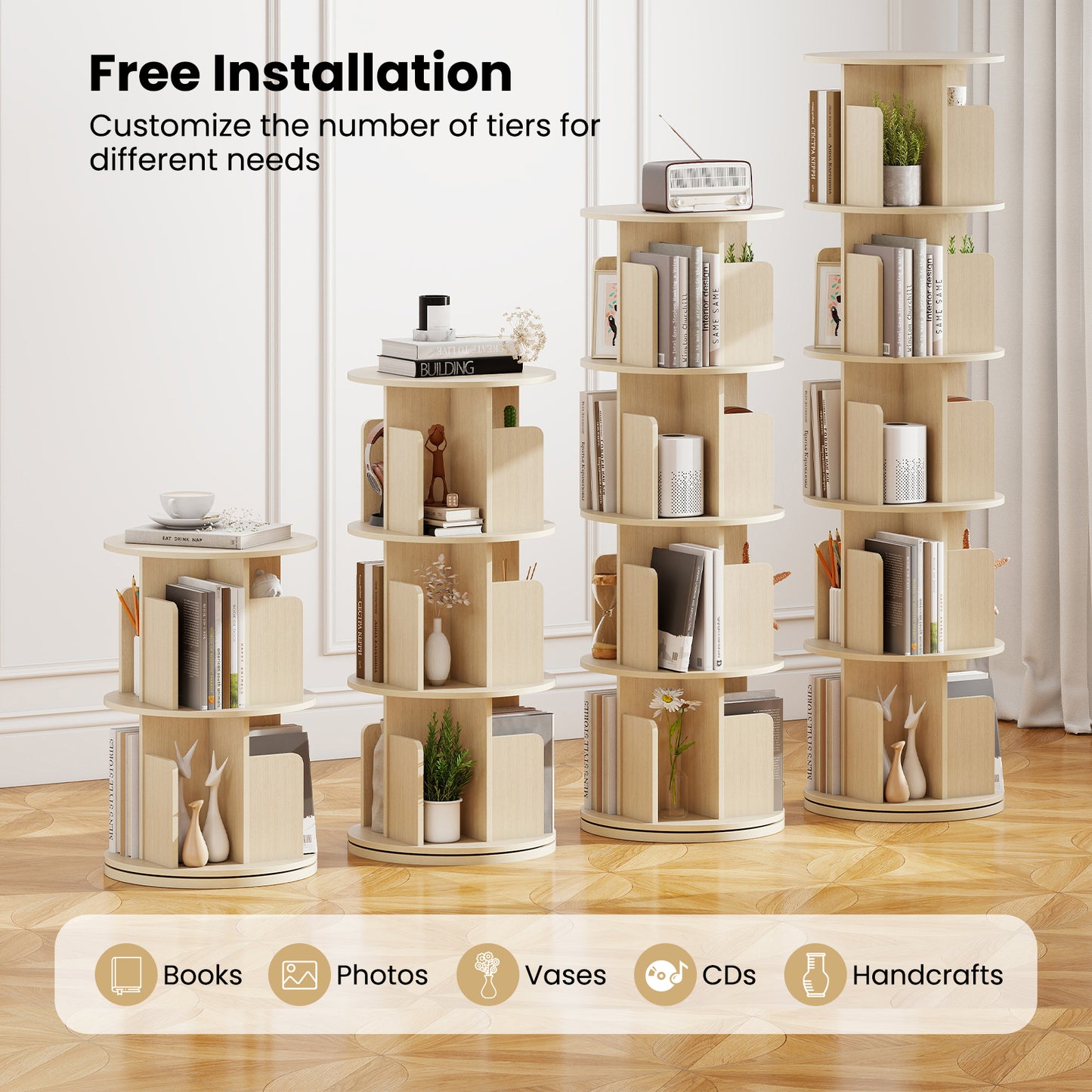 5-Tier Rotating Bookshelf 360¬∞ Display Rack with Dividers and Anti-falling Baffles-Natural