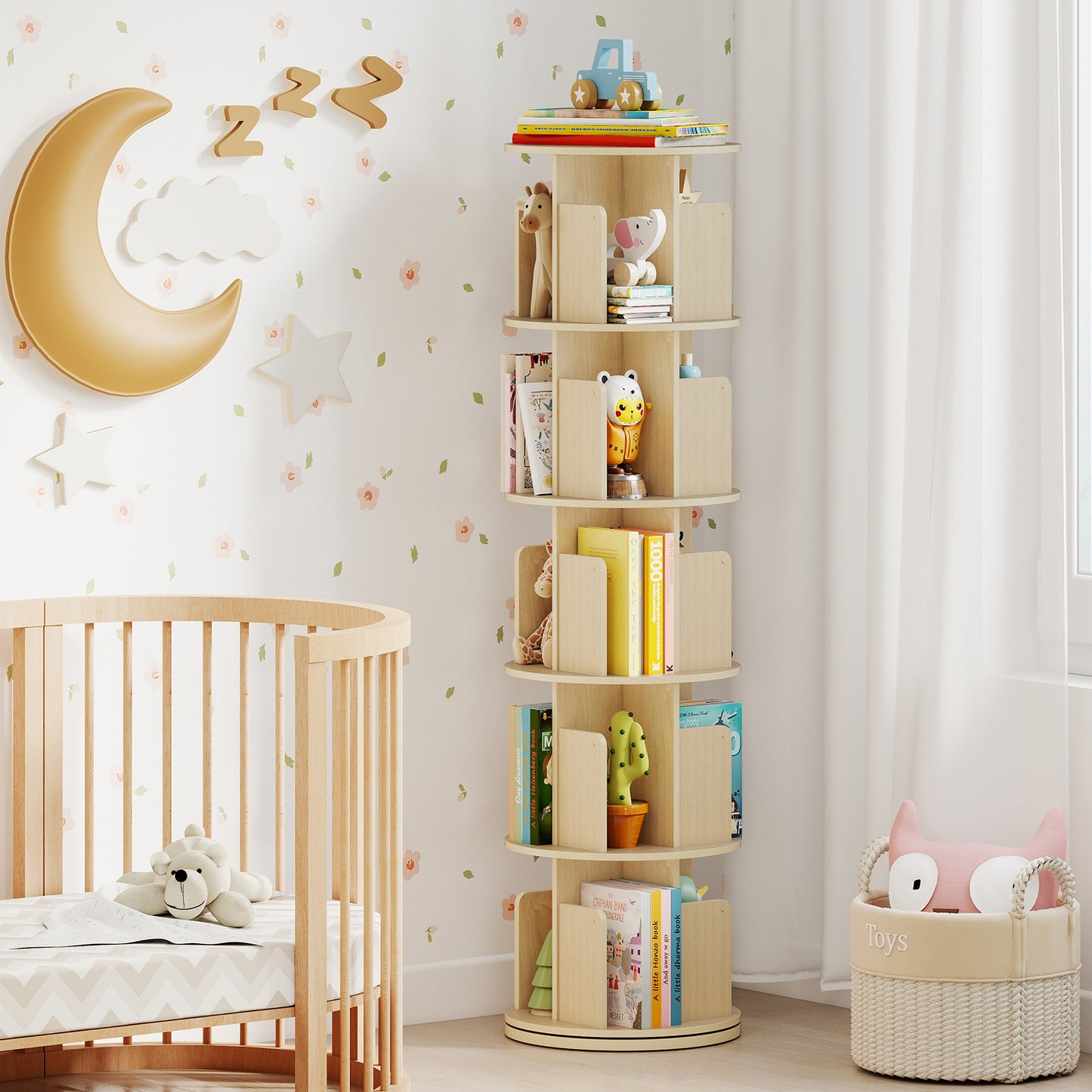 5-Tier Rotating Bookshelf 360¬∞ Display Rack with Dividers and Anti-falling Baffles-Natural