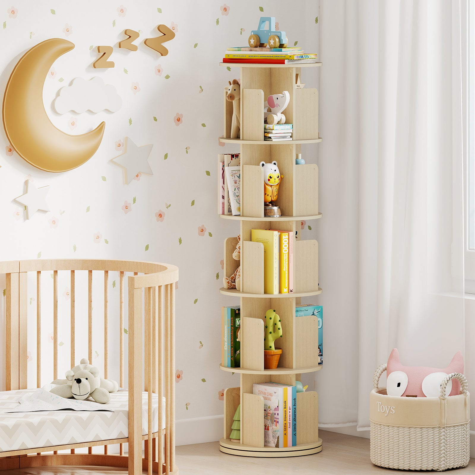 5-Tier Rotating Bookshelf 360¬∞ Display Rack with Dividers and Anti-falling Baffles-Natural