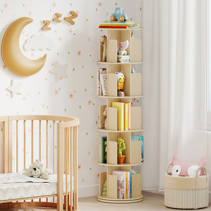 5-Tier Rotating Bookshelf 360¬∞ Display Rack with Dividers and Anti-falling Baffles-Natural