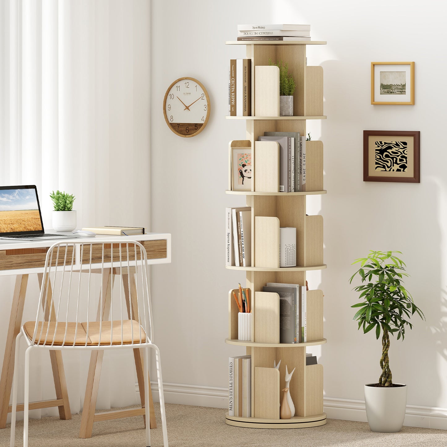 5-Tier Rotating Bookshelf 360¬∞ Display Rack with Dividers and Anti-falling Baffles-Natural