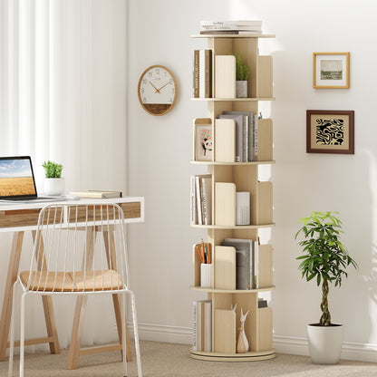 5-Tier Rotating Bookshelf 360¬∞ Display Rack with Dividers and Anti-falling Baffles-Natural