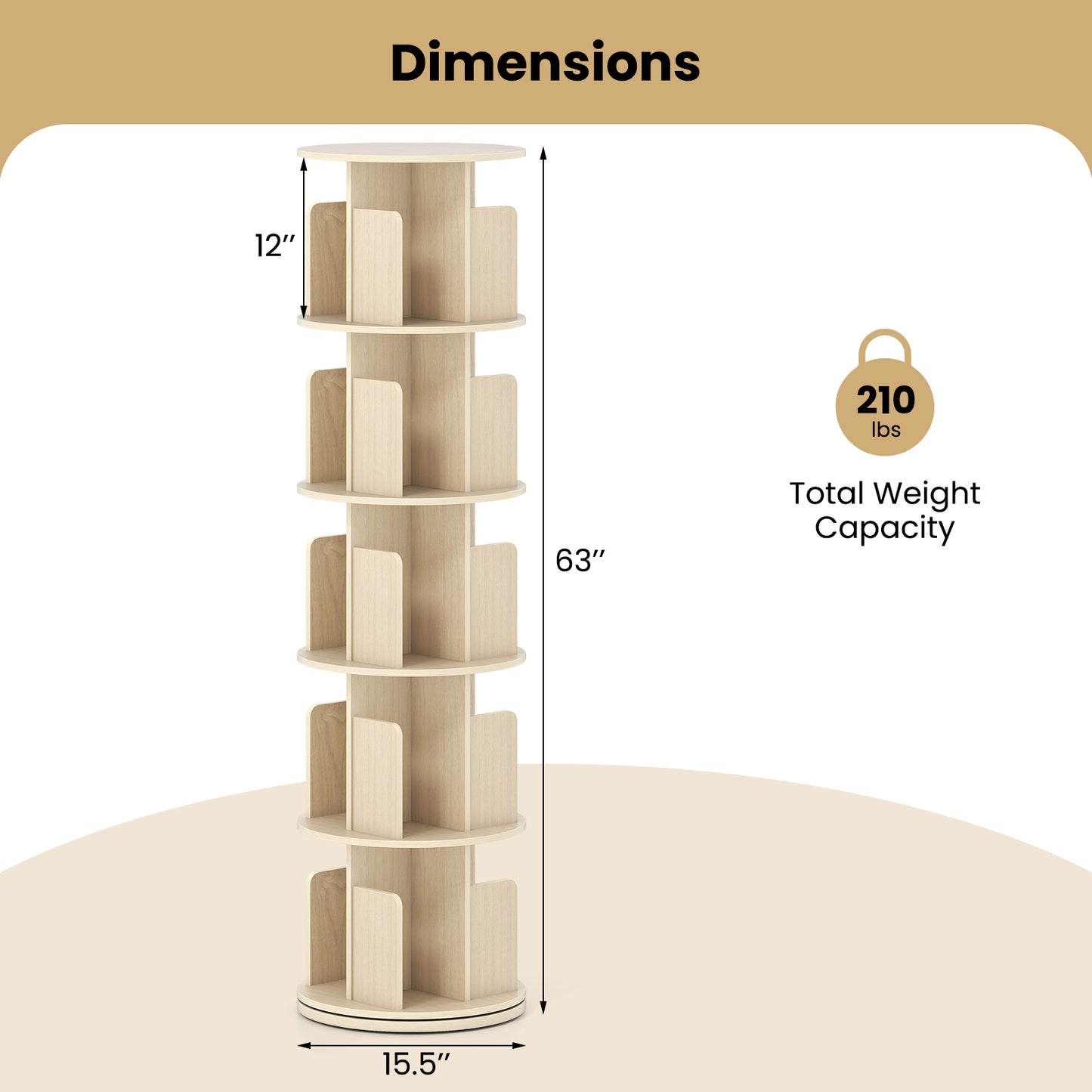 5-Tier Rotating Bookshelf 360¬∞ Display Rack with Dividers and Anti-falling Baffles-Natural