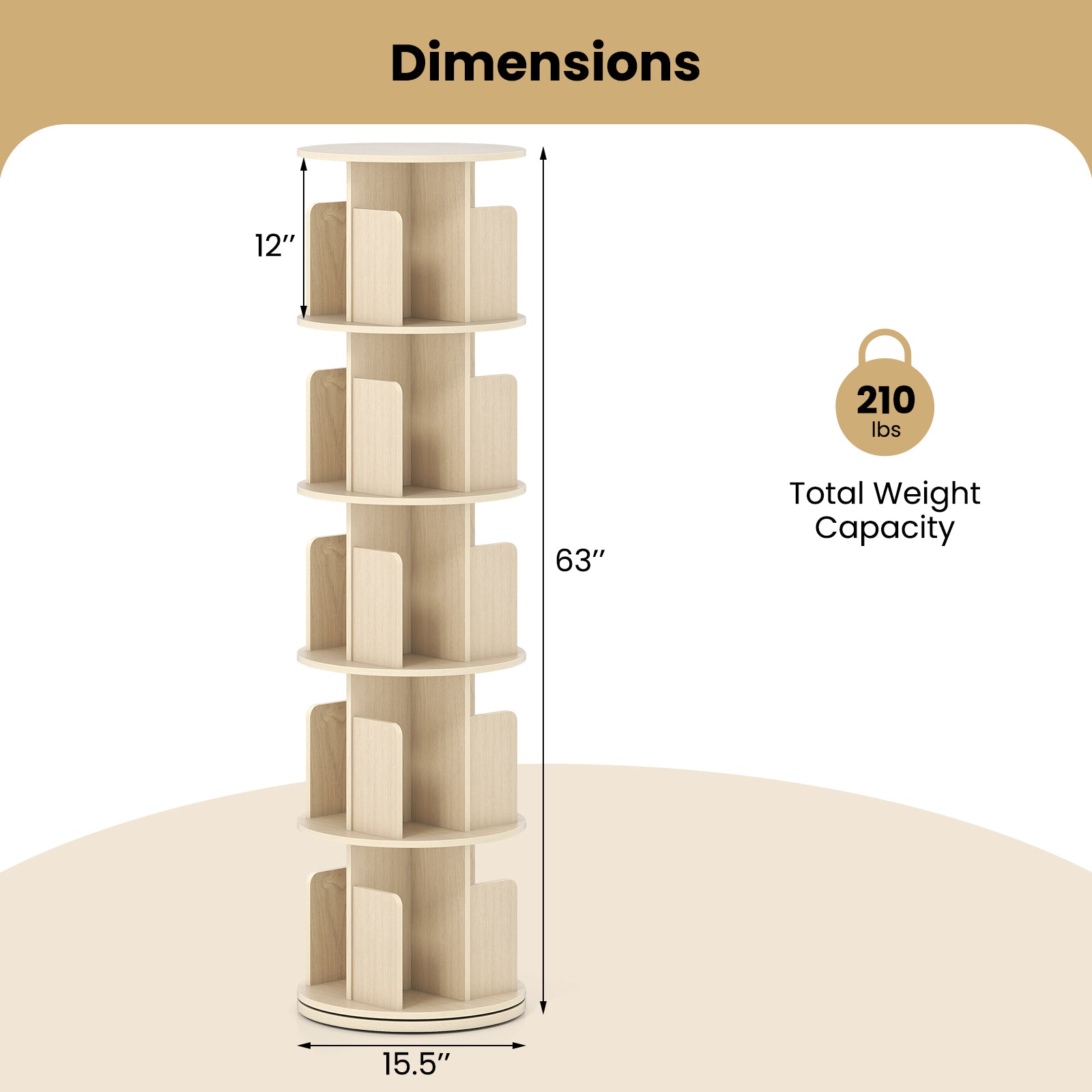 5-Tier Rotating Bookshelf 360¬∞ Display Rack with Dividers and Anti-falling Baffles-Natural