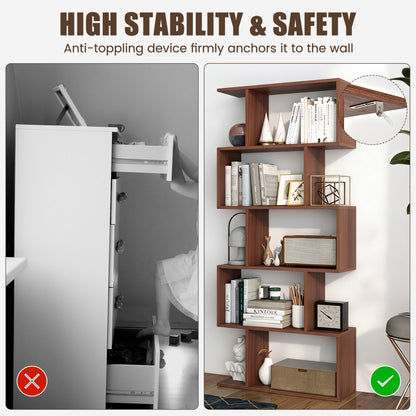 5-Tier S-Shaped Bookshelf with Anti-Tip Kit