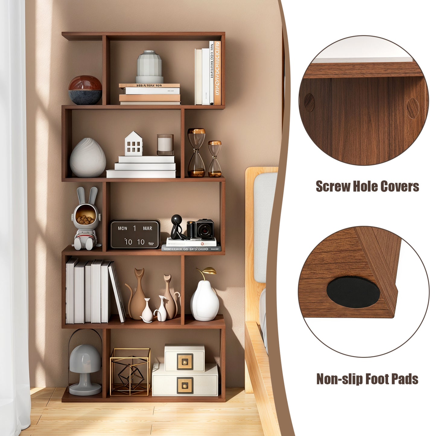 5-Tier S-Shaped Bookshelf with Anti-Tip Kit