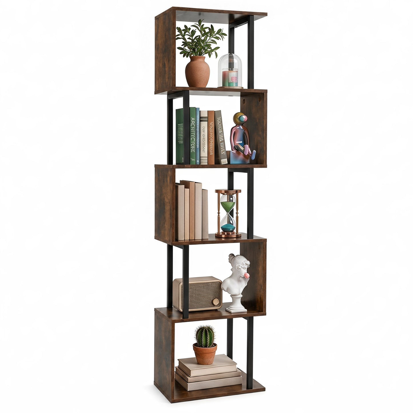5-Tier S-Shaped Bookshelf with Open Cubes & Anti-Tip Kit