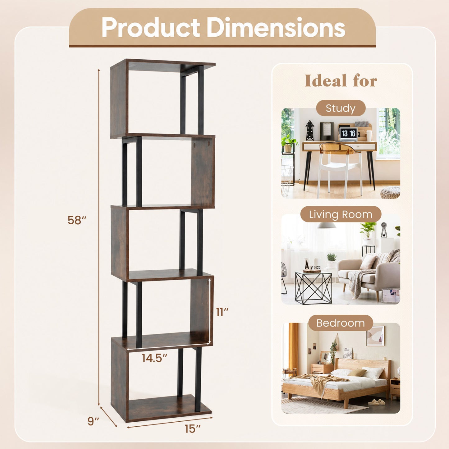 5-Tier S-Shaped Bookshelf with Open Cubes & Anti-Tip Kit