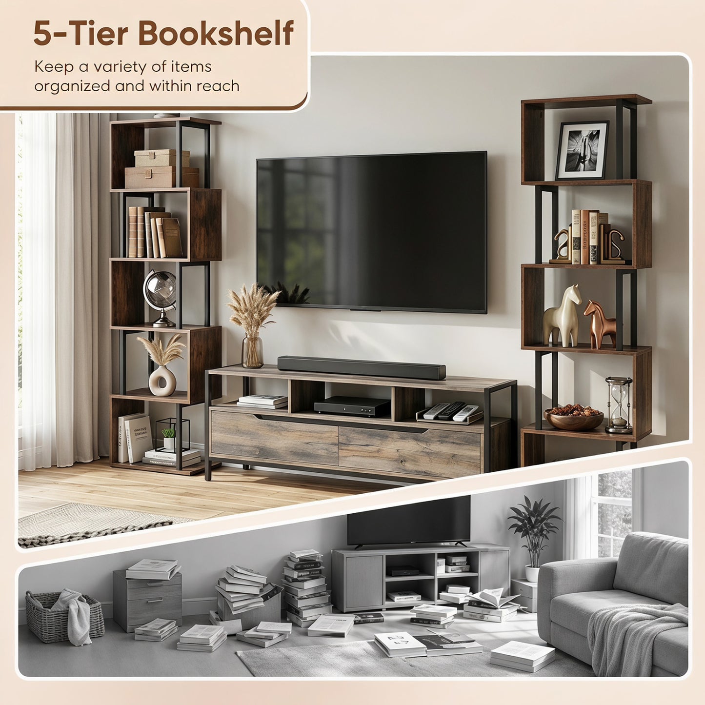 5-Tier S-Shaped Bookshelf with Open Cubes & Anti-Tip Kit
