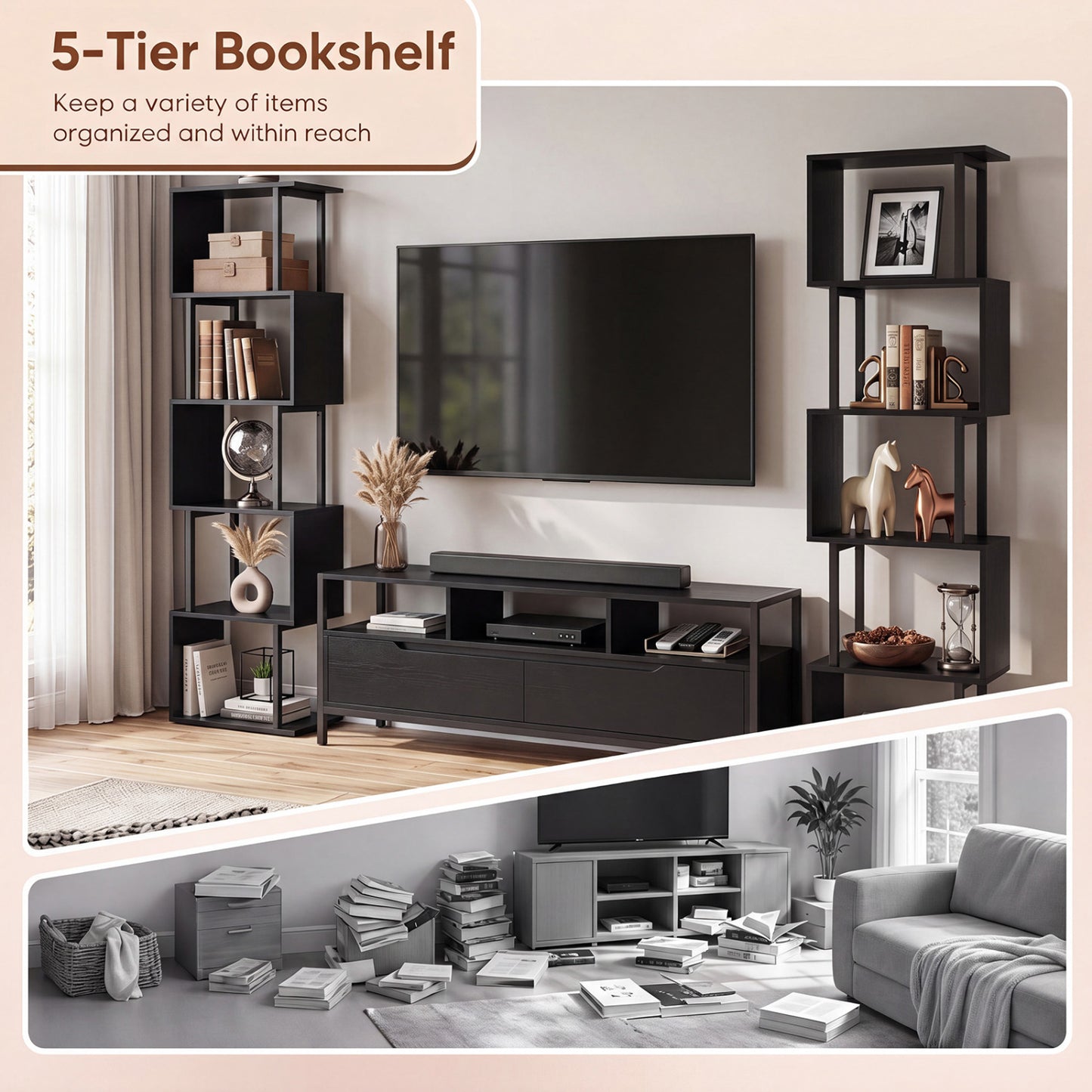 5-Tier S-Shaped Bookshelf with Open Cubes & Anti-Tip Kit