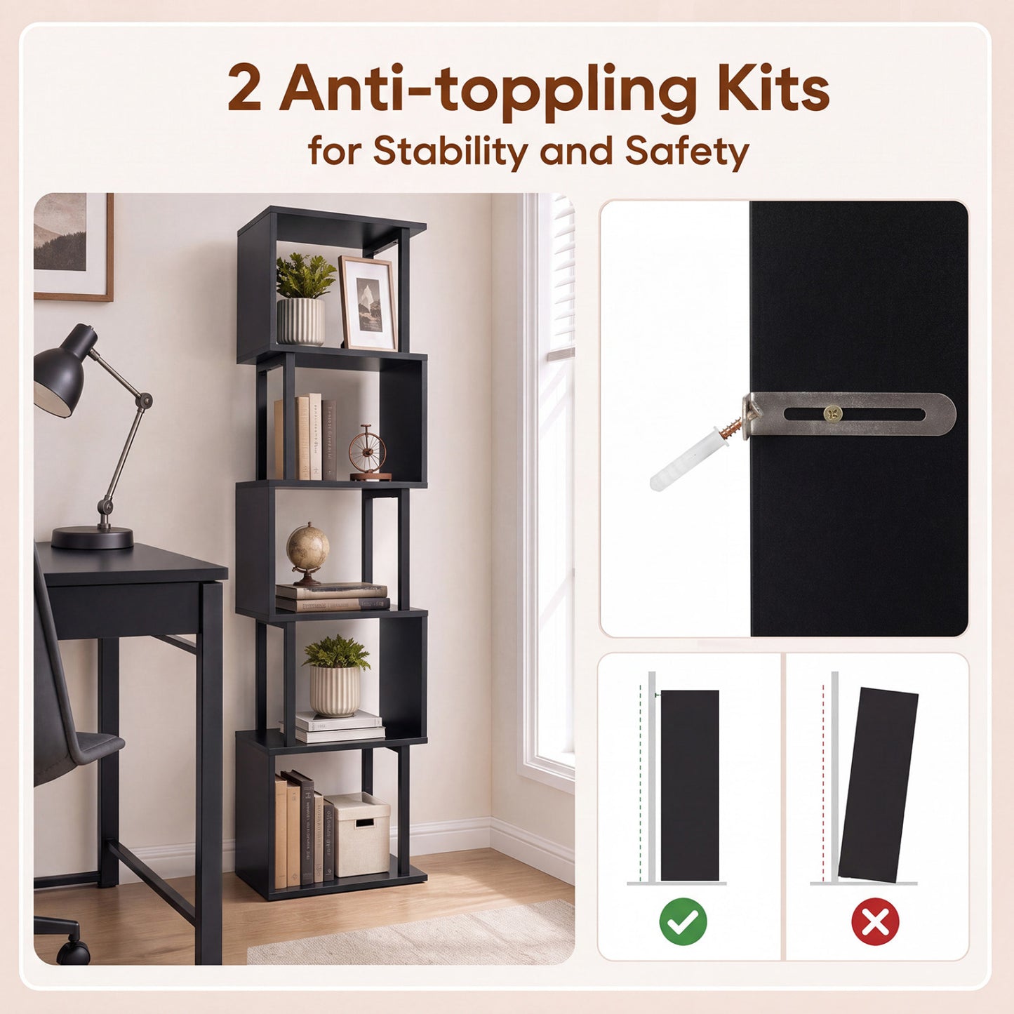 5-Tier S-Shaped Bookshelf with Open Cubes & Anti-Tip Kit