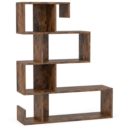 5-Tier S-Shaped Bookshelf with Open Cubes - Rustic Brown