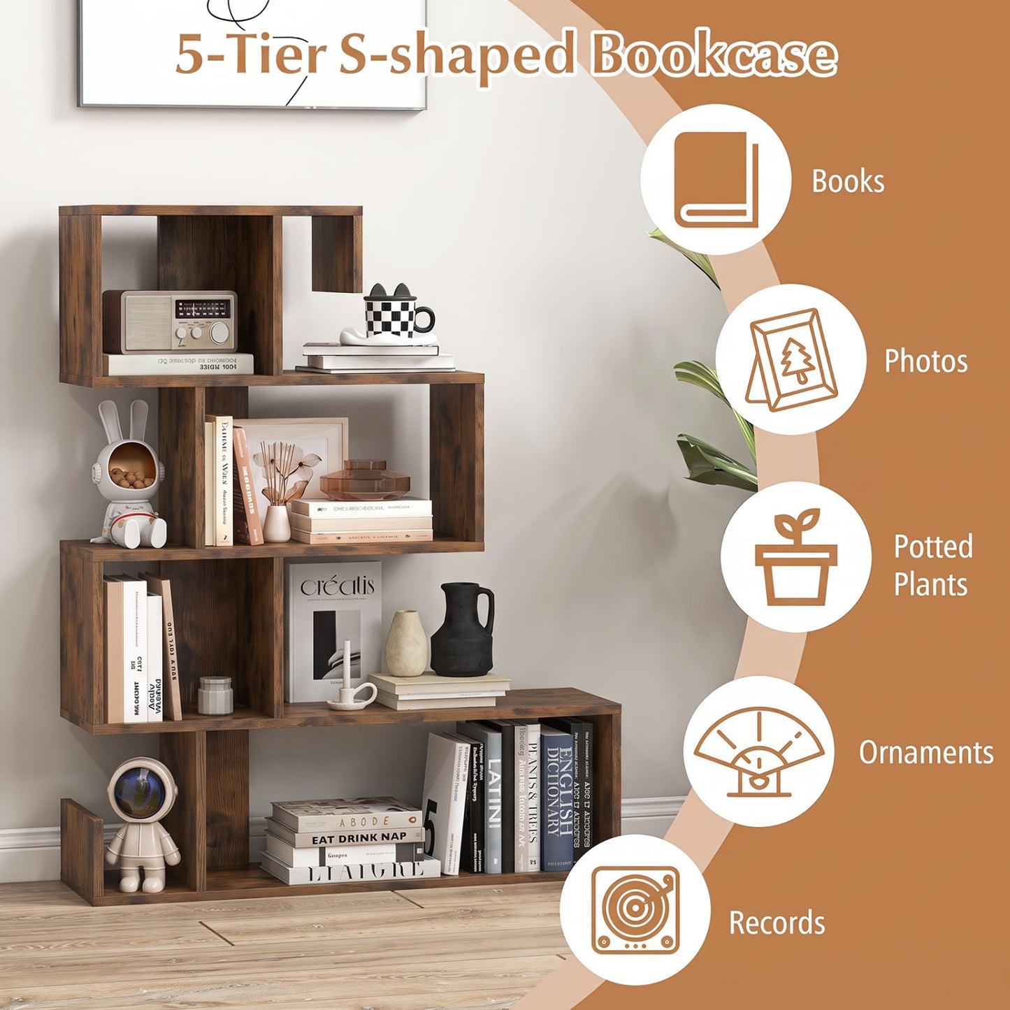 5-Tier S-Shaped Bookshelf with Open Cubes - Rustic Brown