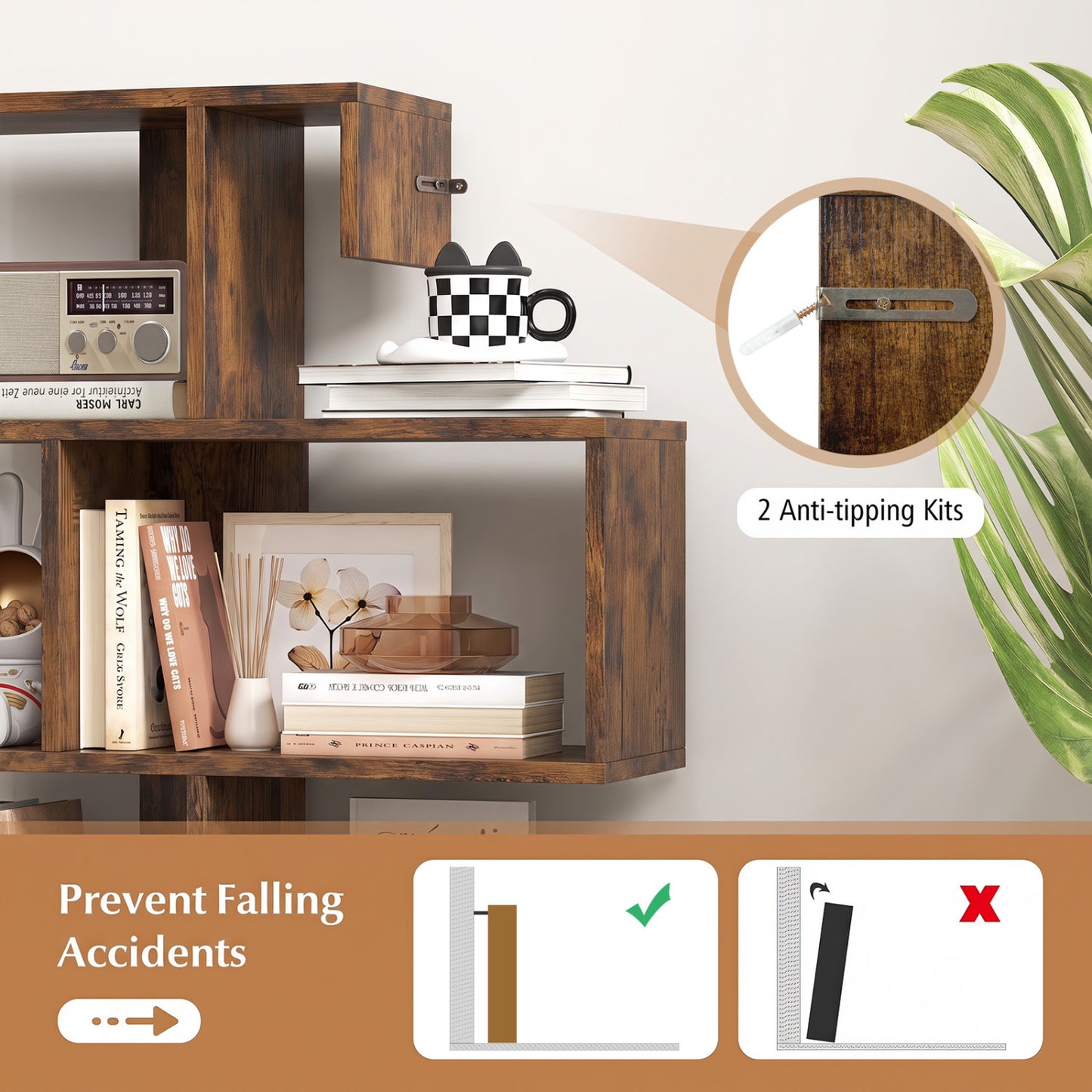 5-Tier S-Shaped Bookshelf with Open Cubes - Rustic Brown