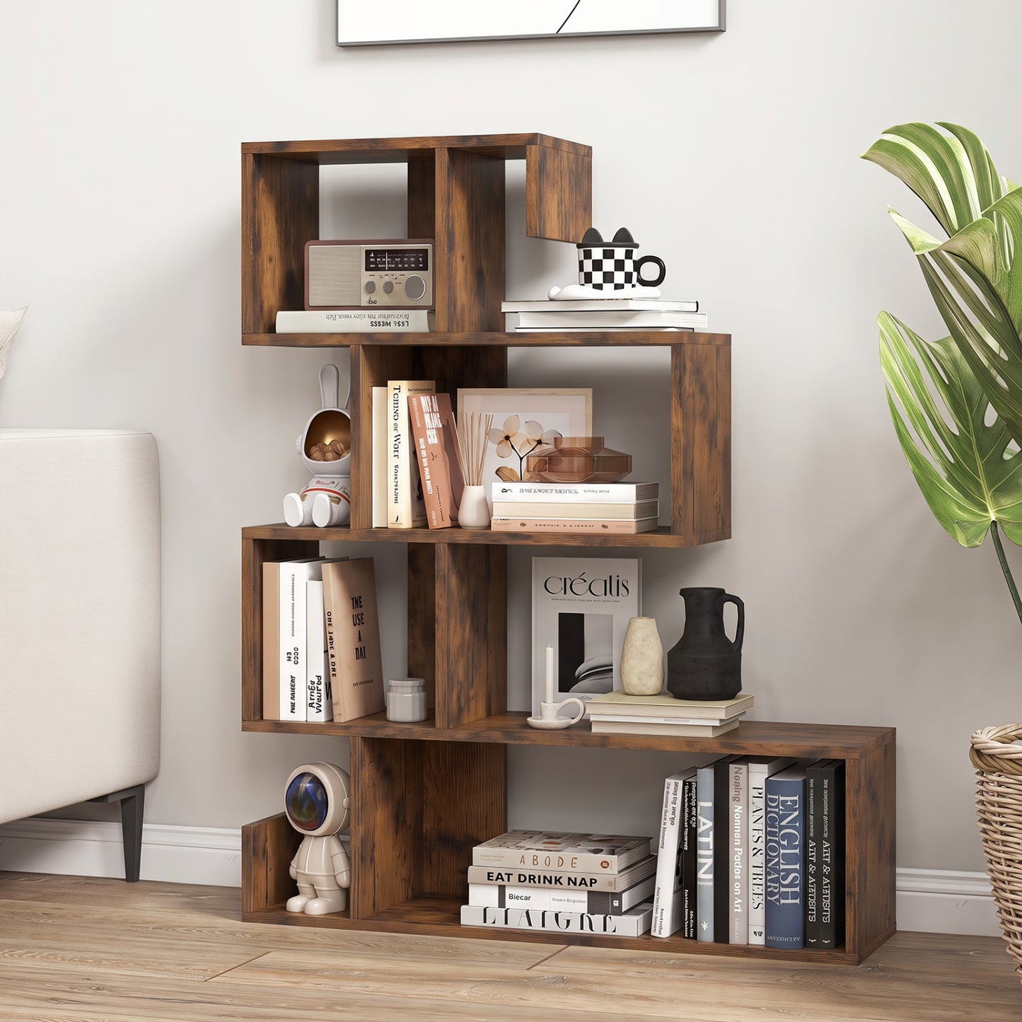 5-Tier S-Shaped Bookshelf with Open Cubes - Rustic Brown