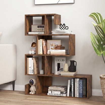 5-Tier S-Shaped Bookshelf with Open Cubes - Rustic Brown