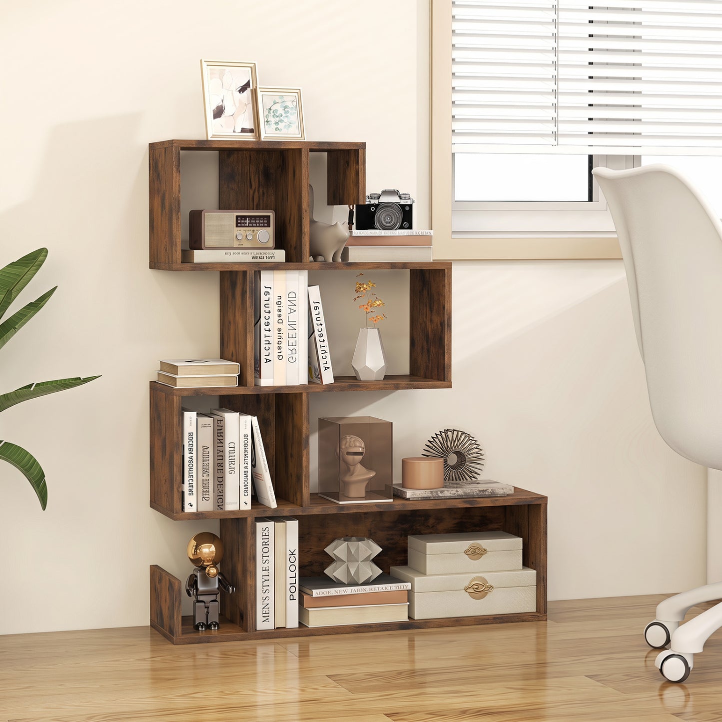 5-Tier S-Shaped Bookshelf with Open Cubes - Rustic Brown