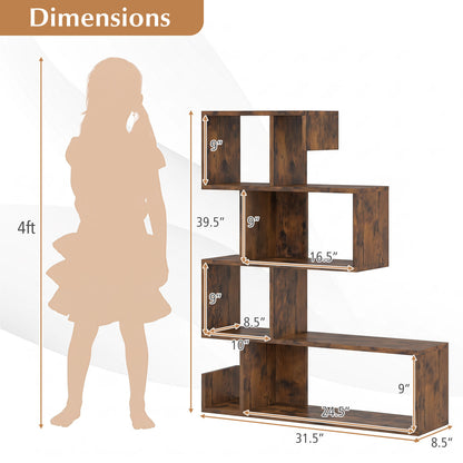 5-Tier S-Shaped Bookshelf with Open Cubes - Rustic Brown
