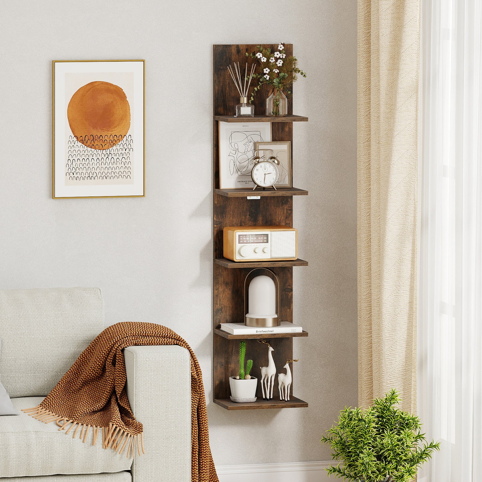 5-Tier Wall Mounted Shelf Unit with Wood Grain-Rustic Brown