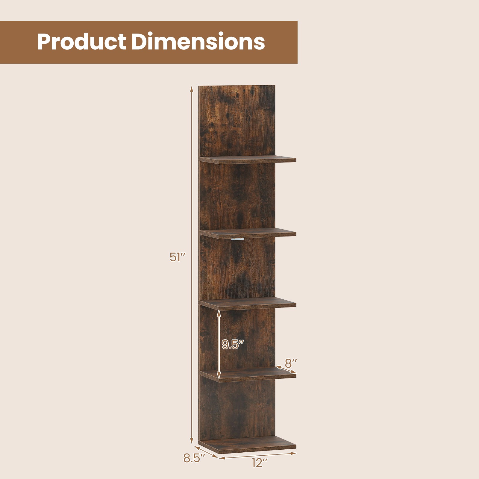 5-Tier Wall Mounted Shelf Unit with Wood Grain-Rustic Brown