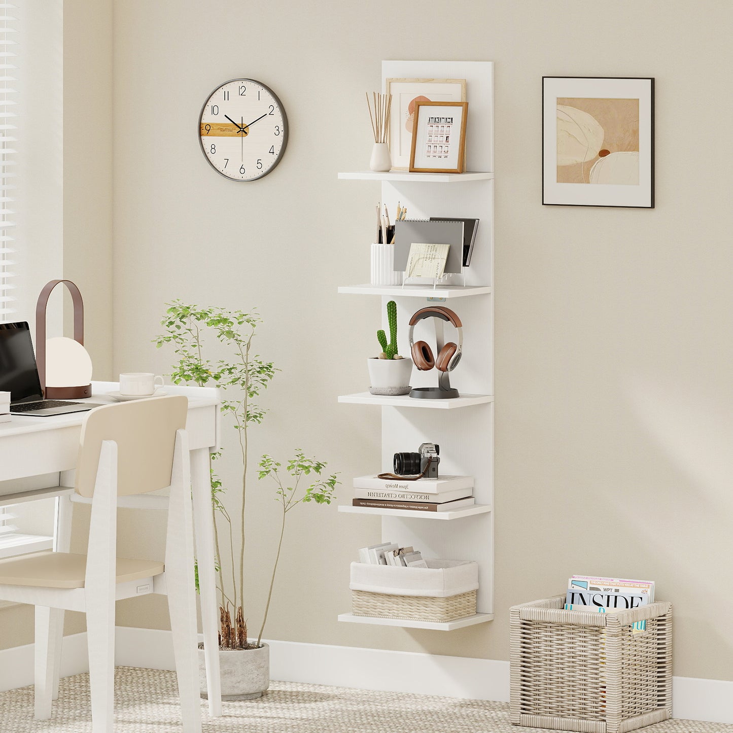5-Tier Wall Mounted Shelf Unit with Wood Grain-White