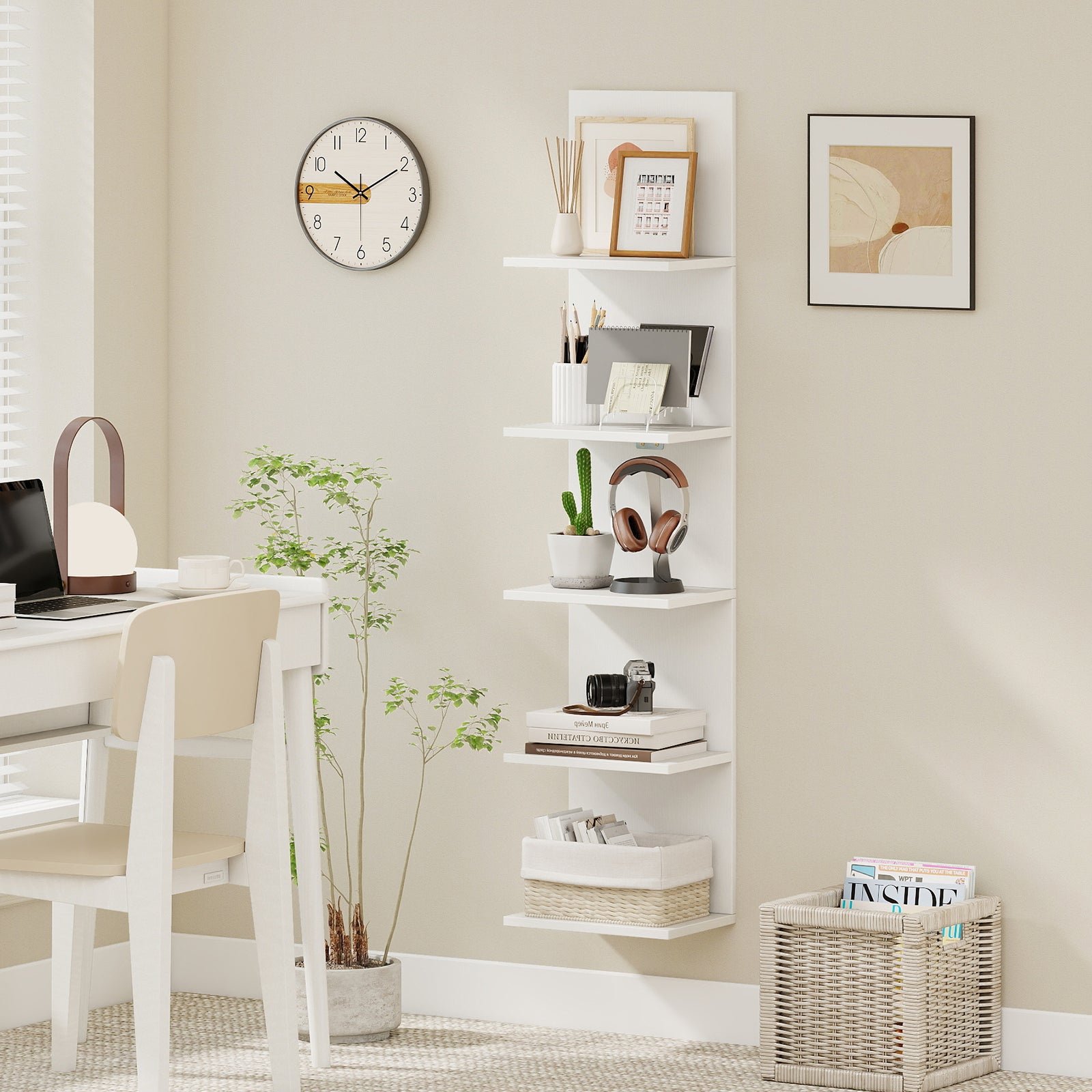 5-Tier Wall Mounted Shelf Unit with Wood Grain-White