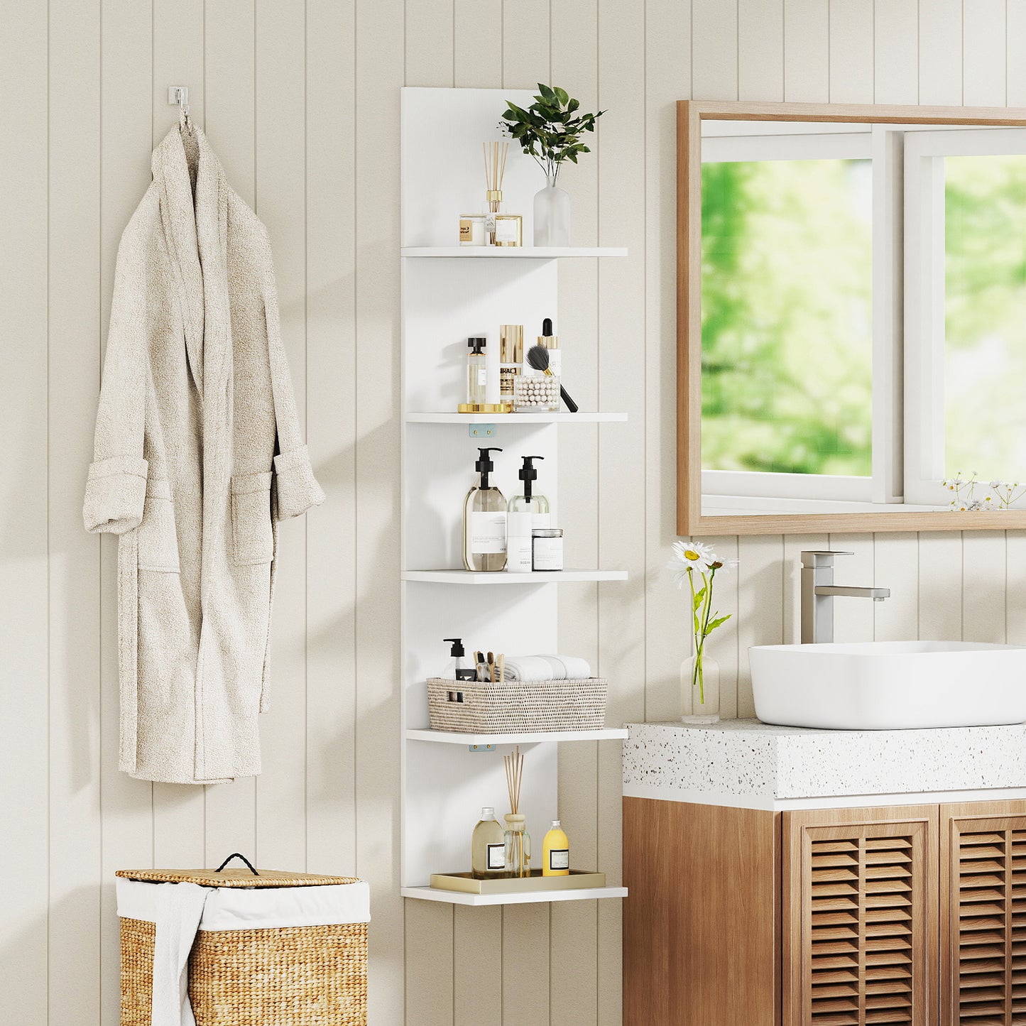 5-Tier Wall Mounted Shelf Unit with Wood Grain-White