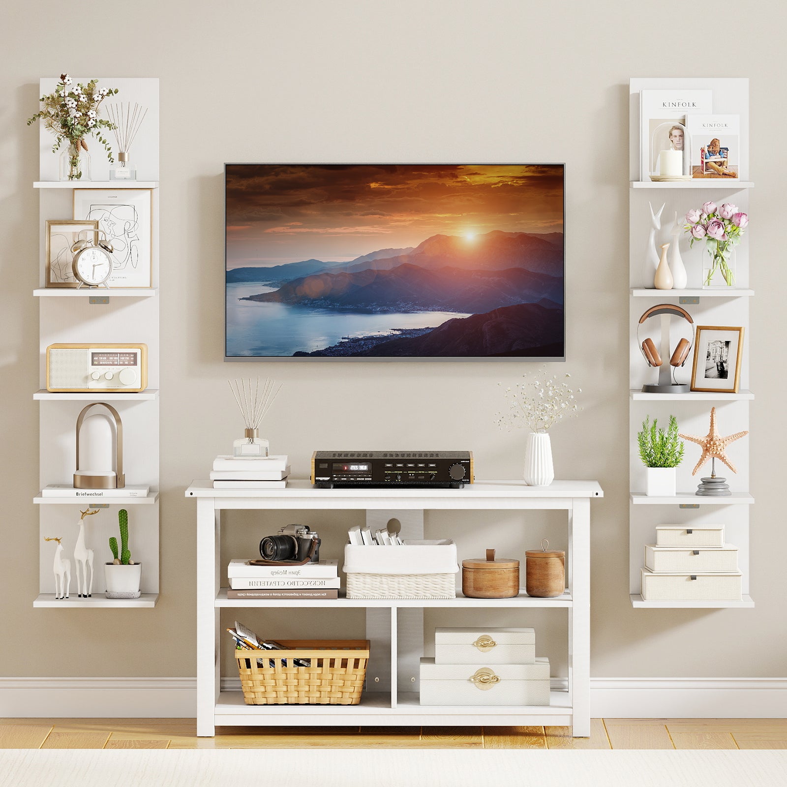 5-Tier Wall Mounted Shelf Unit with Wood Grain-White