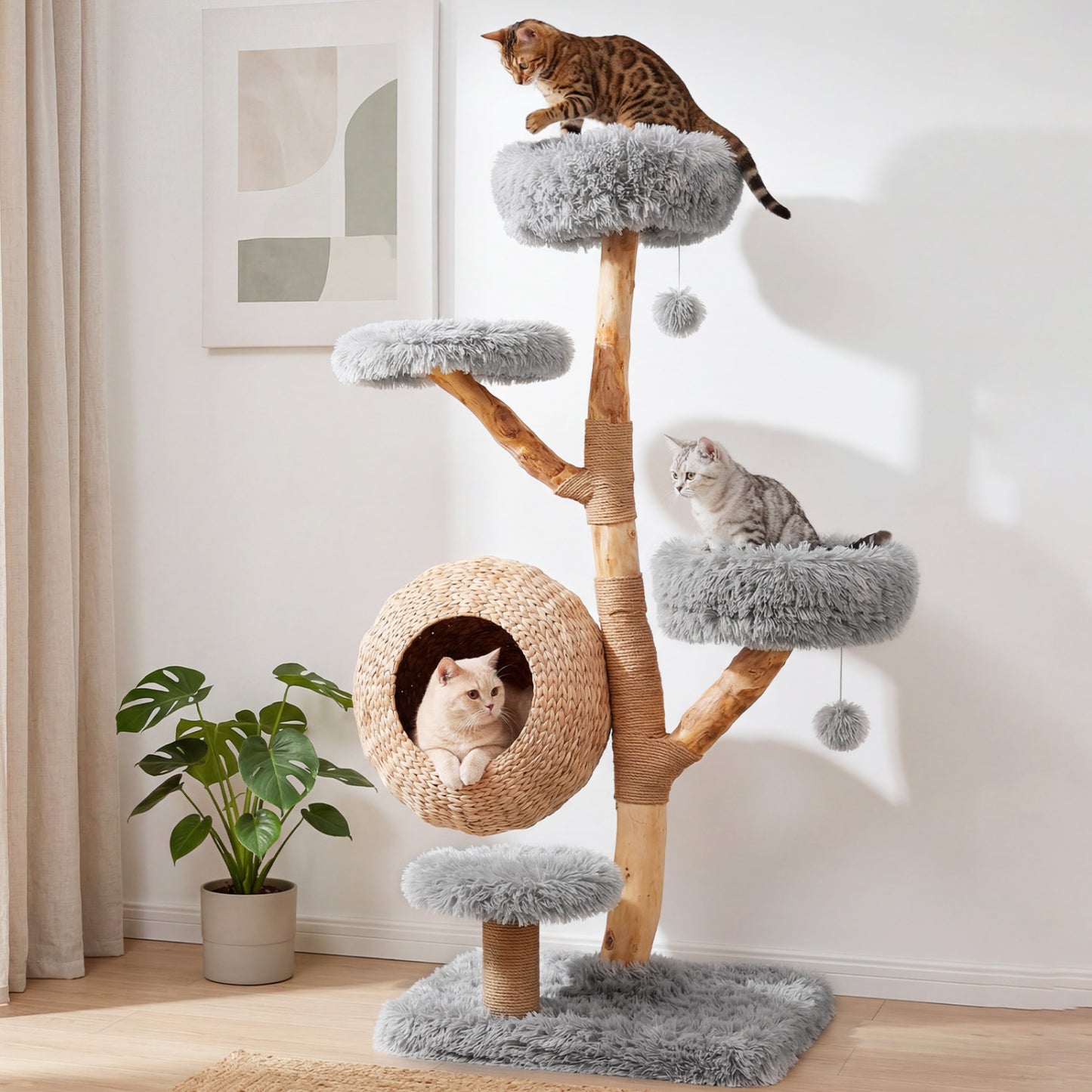5-Tier Wooden Cat Tree with Woven Condo Plush Perches Jute Posts & Balls