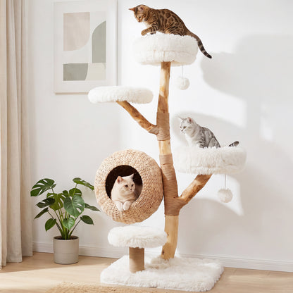 5-Tier Wooden Cat Tree with Woven Condo Plush Perches Jute Posts & Balls