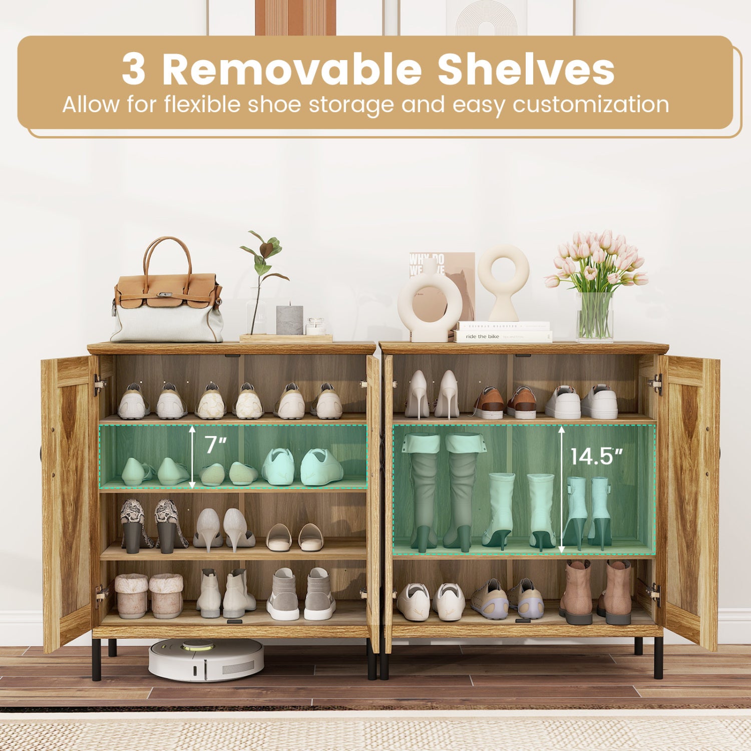 5-Tier Wooden Farmhouse Shoe Cabinet with Woven Rattan Doors