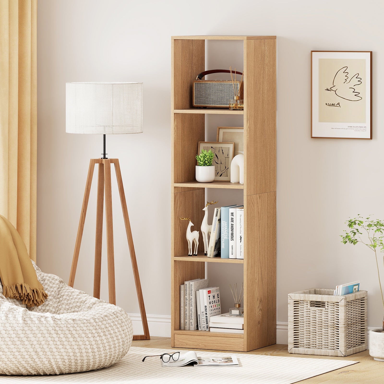 5 Tiers 4-Cube Narrow Bookshelf with 4 Anti-Tipping Kits-Natural
