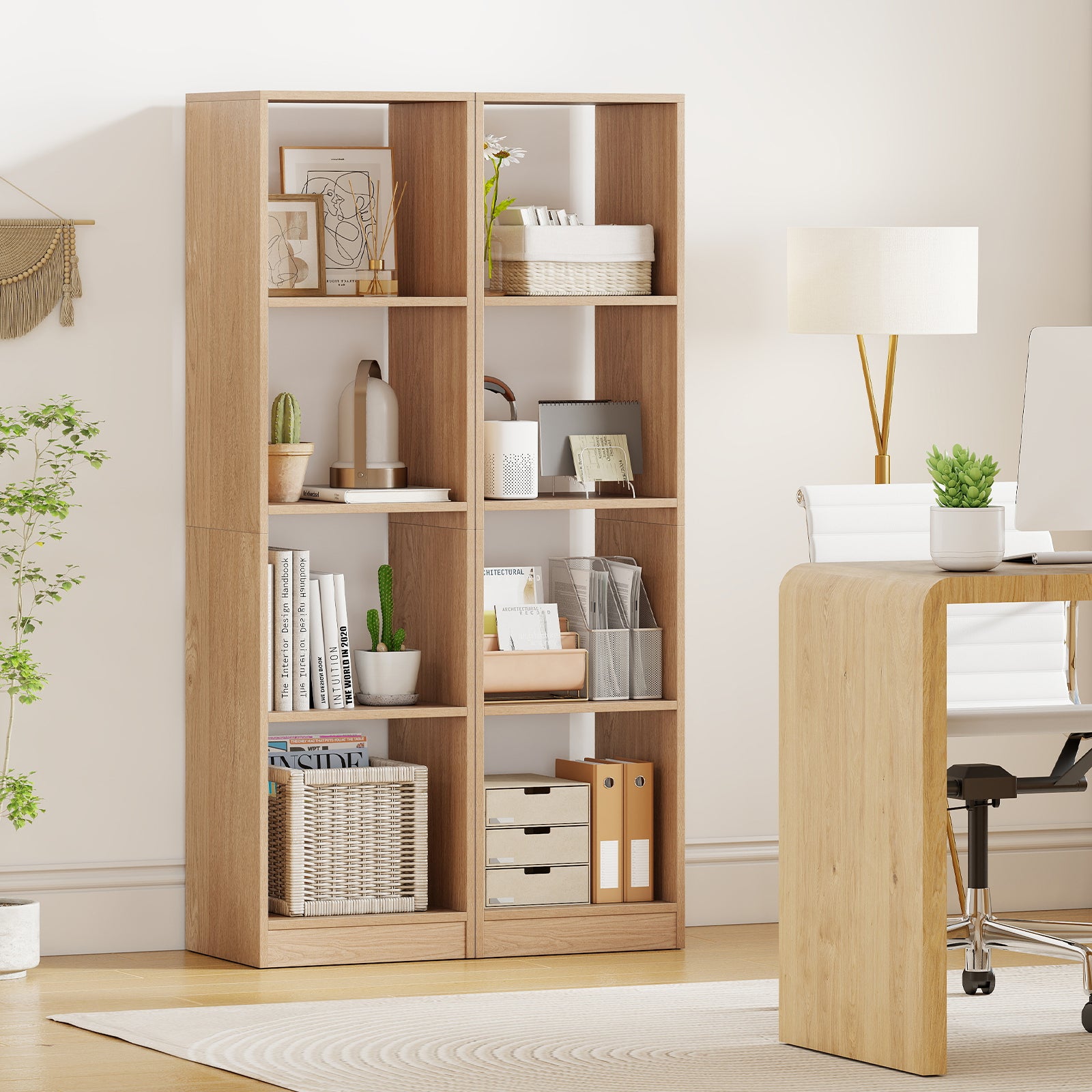 5 Tiers 4-Cube Narrow Bookshelf with 4 Anti-Tipping Kits-Natural