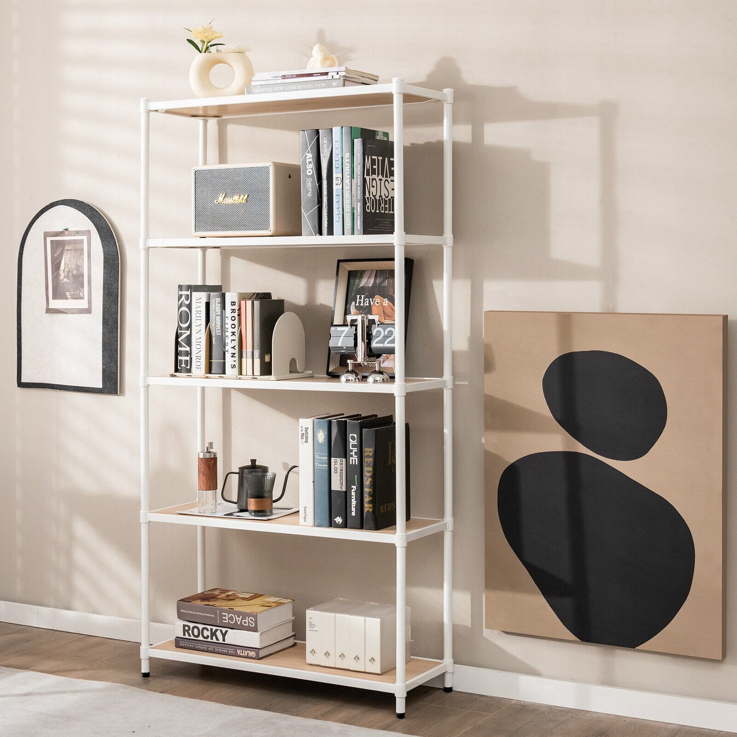 5 Tiers 61 Inch Multi-use Bookshelf with Metal Frame-White