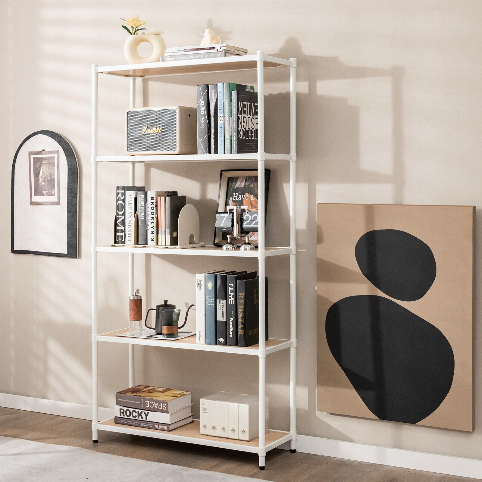 5 Tiers 61 Inch Multi-use Bookshelf with Metal Frame-White