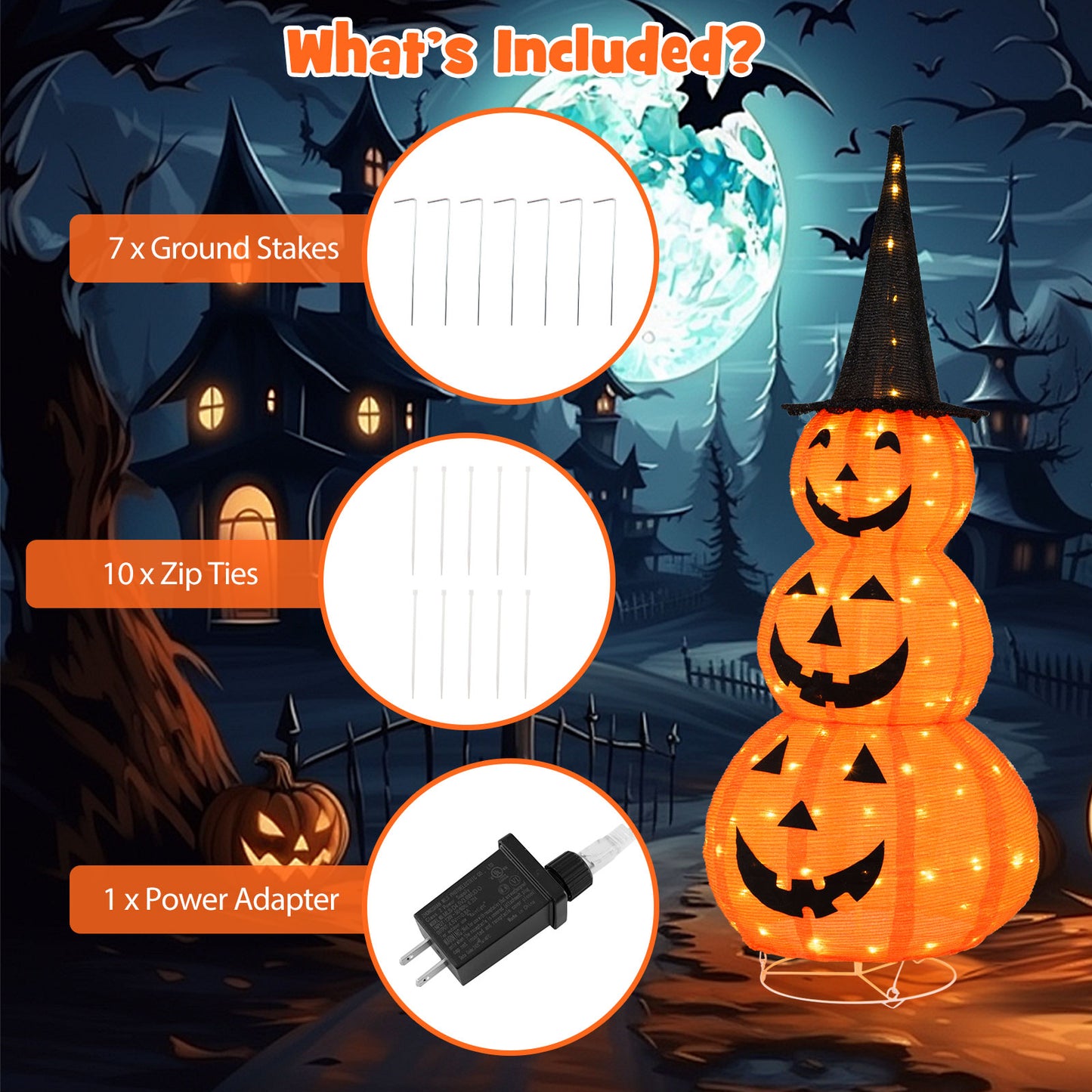 5 Feet Lighted Stacked Pumpkins Halloween Decoration with Witch Hat