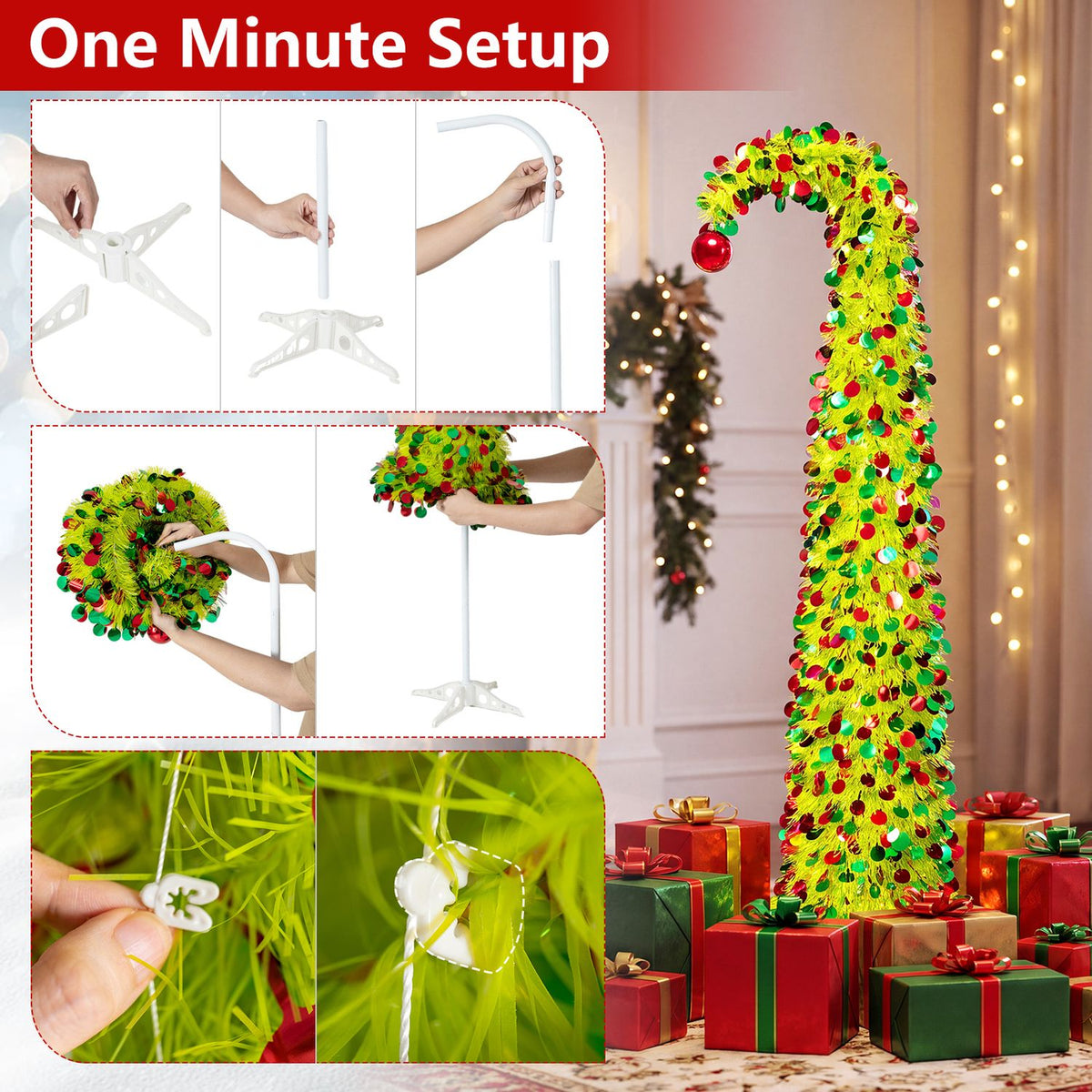 5 ft Pop Up Whimsical Christmas Tree with Arched Treetop and Xmas Ball for Small Space Set of 2