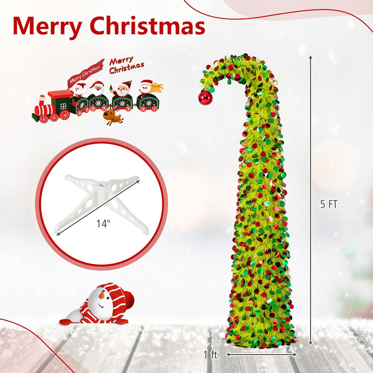 5 ft Pop Up Whimsical Christmas Tree with Arched Treetop and Xmas Ball for Small Space Set of 2