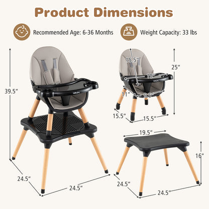5-in-1 Baby Convertible Wooden High Chair with Detachable Tray-Black